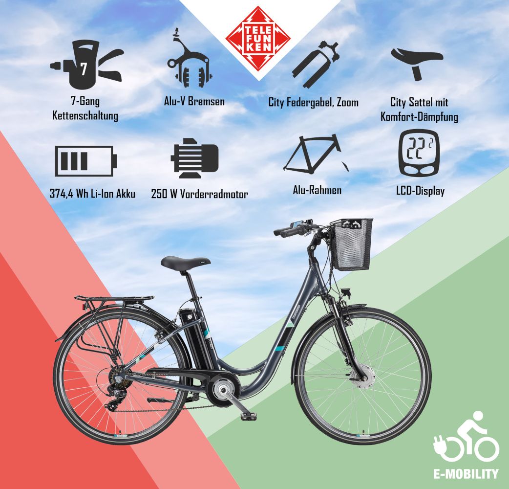 E-Bike Telefunken RC822 Multitalent Elektrofahrrad City-Pedelec anthrazit 28" RH 48cm E-Fahrrad Citybike