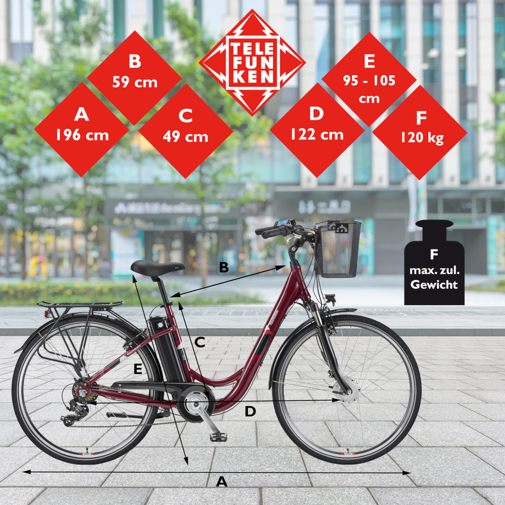 E-Bike Telefunken RC822 Multitalent Elektrofahrrad City-Pedelec weinrot 28" RH 48cm E-Fahrrad Citybike