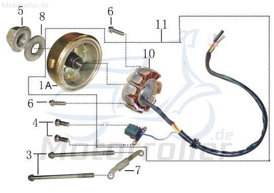 Lichtmaschine DC 11 mit Polrad pick up außen AGM 125ccm 4Takt Motorroller.de Stator Ankerplatte Anker-Platte Stromerzeuger Strom-Generator Zündplatte