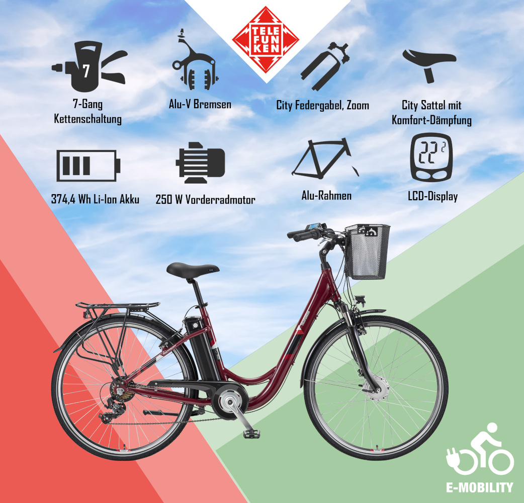 E-Bike Telefunken RC822 Multitalent Elektrofahrrad City-Pedelec weinrot 28" RH 48cm E-Fahrrad Citybike