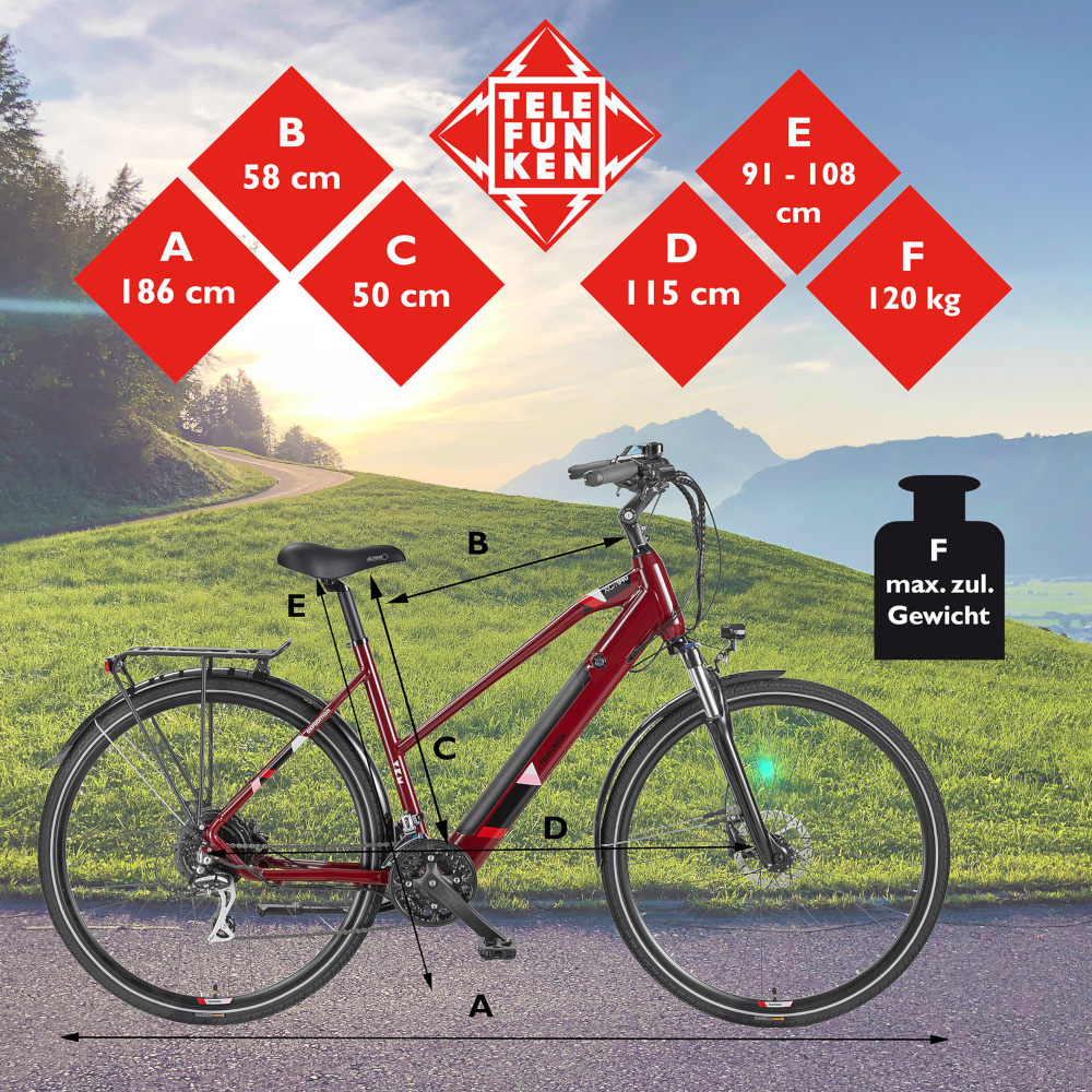 E-Bike Telefunken XC940 Expedition Elektrofahrrad Trekking-Pedelec weinrot 28" RH 50cm E-Fahrrad Trekkingrad Damenrad