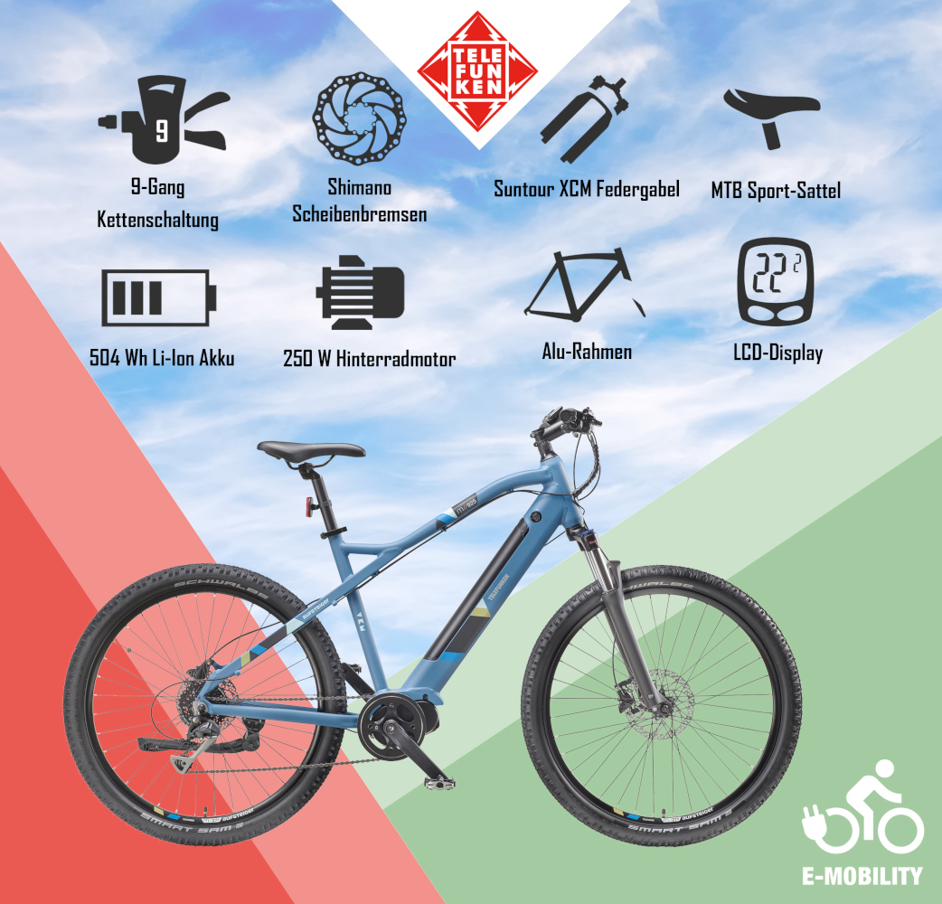 E-Bike Telefunken M925 Aufsteiger Elektrofahrrad MTB-Pedelec blau 29" RH 51cm E-Fahrrad Mountainbike