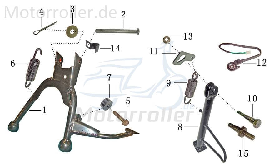 Rex RS125 Neben-Ständer Seitenständer Roller-Ständer Motorroller.de 125ccm 4Takt 152QMI YY125QT-28 125cc 4T GY6 Rollerständer