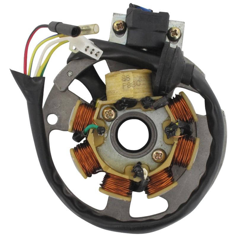 Lichtmaschine Stator 7 Spulen Pick-up außen AGM 50ccm 2Takt Motorroller.de D=79mm Stumpf 12mm 5 Kabel 1x3 + 2x1 Pol Ankerplatte Zündplatte 1E40QMB Rex