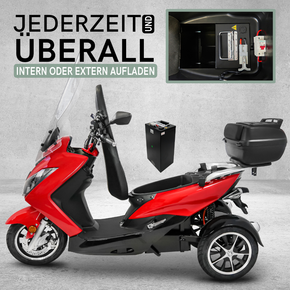 Elektroroller Scoody MX3-25 25 km/h Dreirad Trike E-Roller E-Scooter 1500 Watt mit 2 Akkuboxen, Topcase und Straßenzulassung