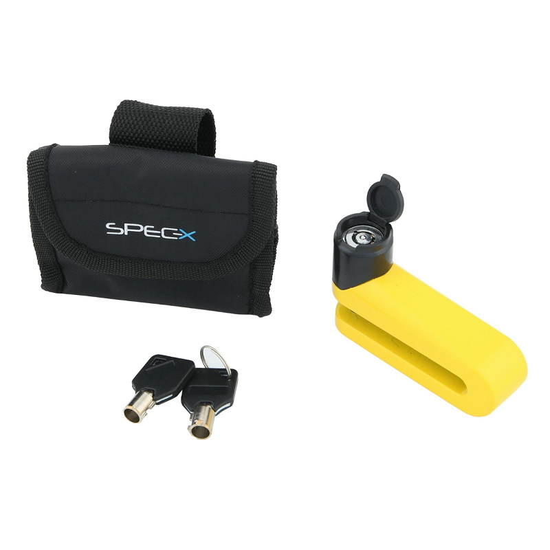 Bremsscheibenschloss gelb SPEC-X, tief = 65mm, Lochdurchmessser bis 10 mm, Bremsscheibendicke = 9 mm