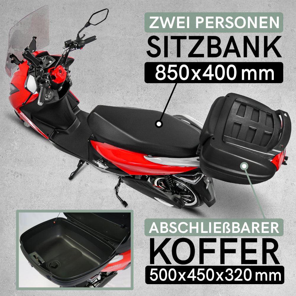 Elektroroller Scoody MX2-45 45 km/h E-Scooter E-Roller Lithium-Akku 3000 Watt mit 2 Akkuboxen, Topcase und Straßenzulassung