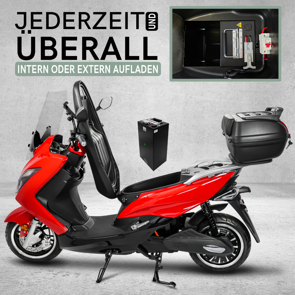 Elektroroller Scoody MX2-45 45 km/h E-Scooter E-Roller Lithium-Akku 3000 Watt mit 2 Akkuboxen, Topcase und Straßenzulassung