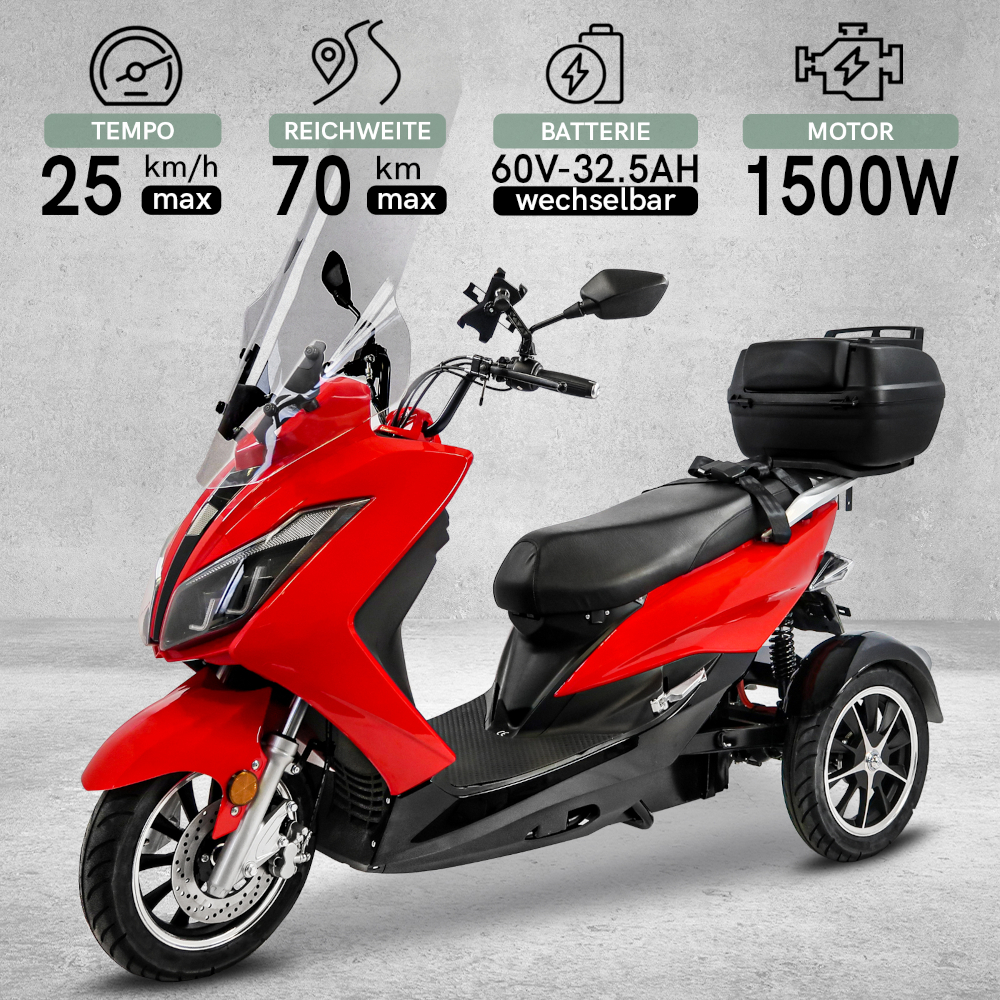 Elektroroller Scoody MX3-25 25 km/h Dreirad Trike E-Roller E-Scooter 1500 Watt mit Topcase und Straßenzulassung