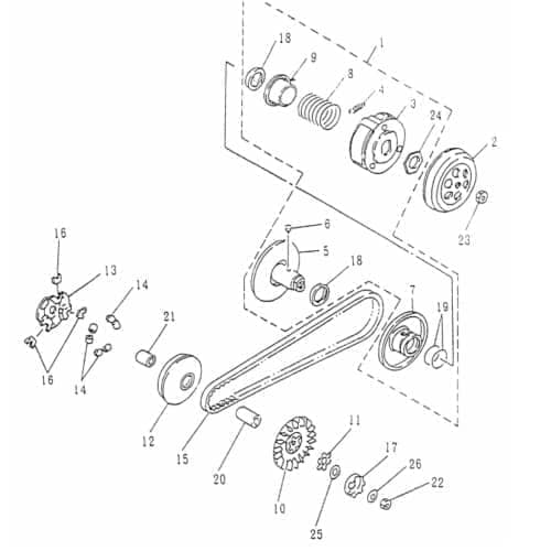 Rex 25 Escape Variomatikkupplung 50ccm 2Takt Kupplung Motorroller.de Wandler 1E40QMB YY50QT-28 50cc 2T Minarelli liegend Fliehkraftkupplung