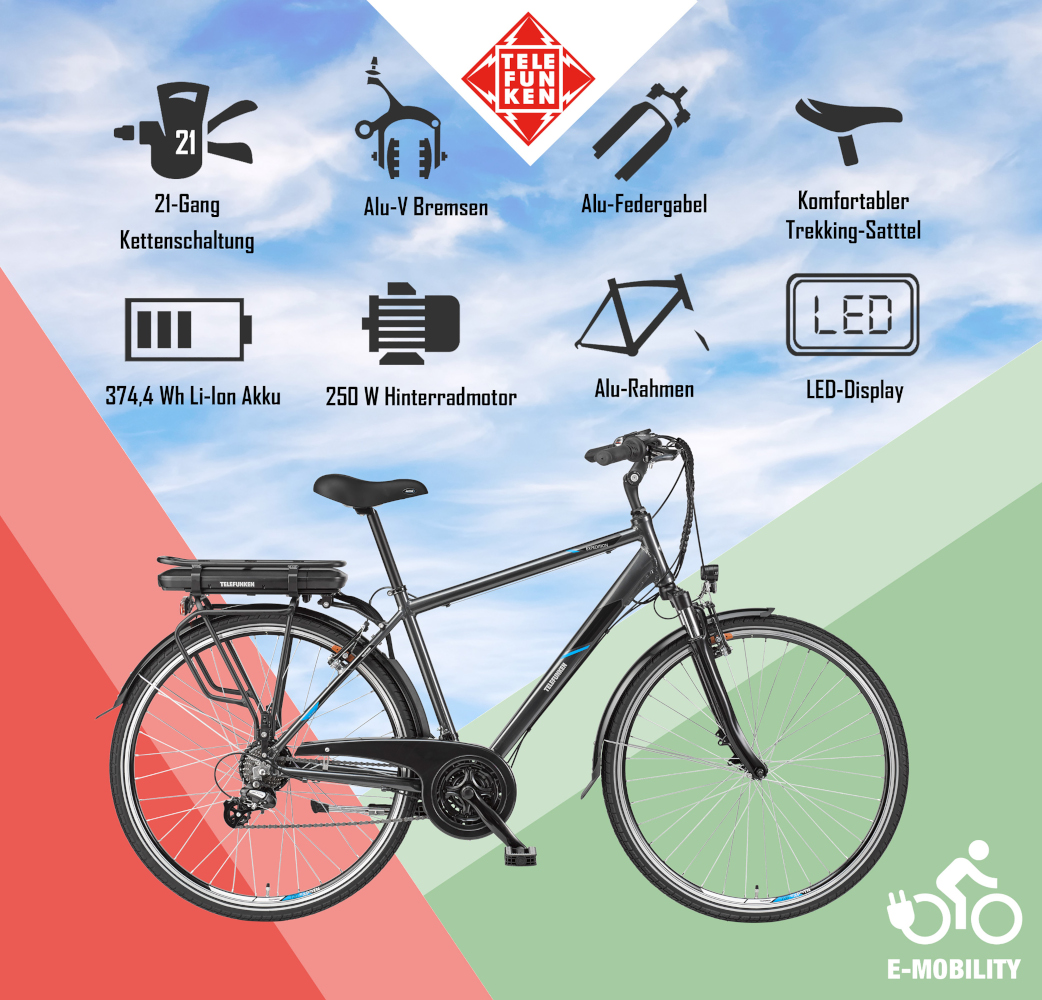 E-Bike Telefunken XT481 Expedition Elektrofahrrad Trekking-Pedelec anthrazit 28" RH 48cm E-Fahrrad Trekkingrad Herrenrad