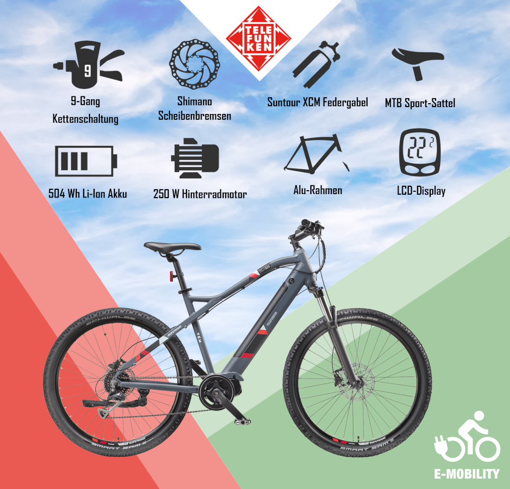 E-Bike Telefunken M925 Aufsteiger Elektrofahrrad MTB-Pedelec graphit 29" RH 51cm E-Fahrrad Mountainbike