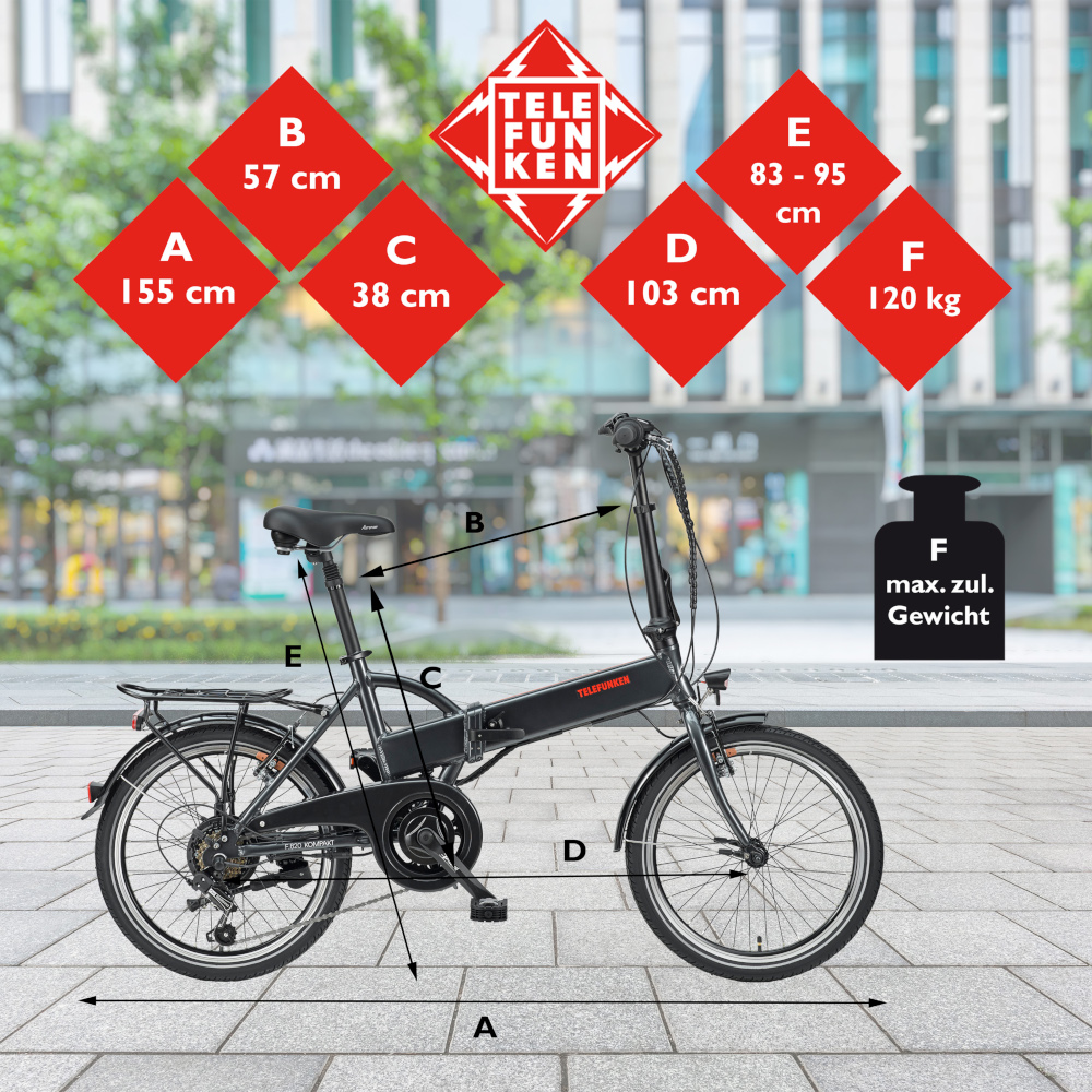 E-Bike Telefunken F820 Kompakt Elektrofahrrad Trekking-Pedelec anthrazit 20" RH 37cm E-Fahrrad Faltrad