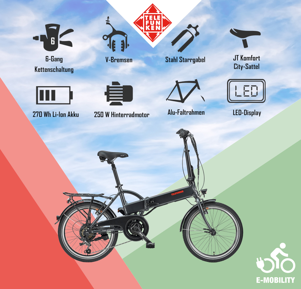 E-Bike Telefunken F820 Kompakt Elektrofahrrad Trekking-Pedelec anthrazit 20" RH 37cm E-Fahrrad Faltrad