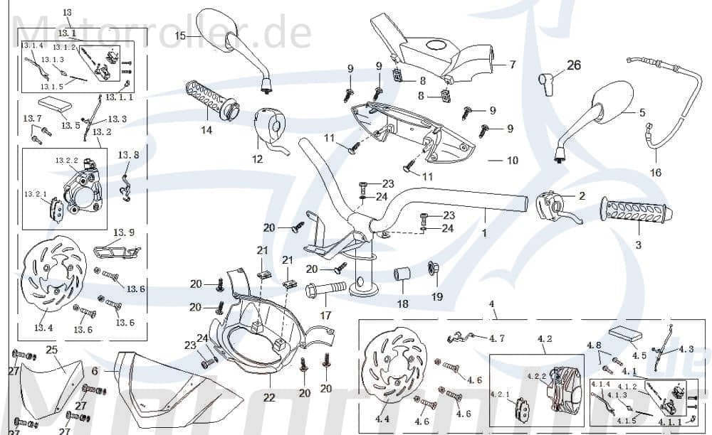 Baotian BT49QT-28 A Rückspiegel links 50ccm 4Takt BAO-610100-TAU-0000 Motorroller.de Seitenspiegel Rück-Spiegel Scooter Ersatzteil Service Inpektion