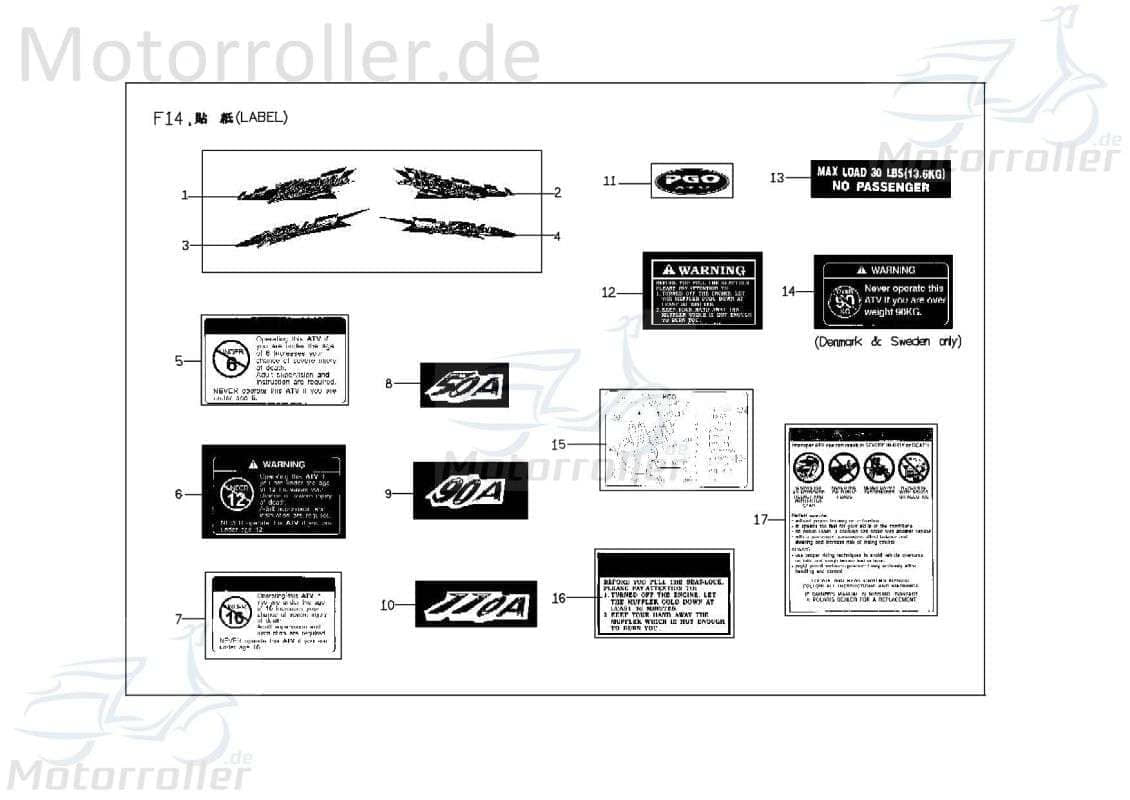 PGO Aufkleber "110A" Frontverkleidung links X-Rider 100 Sticker Quad X1601010000 Motorroller.de Dekor Dekor-Aufkleber Klebeetikett