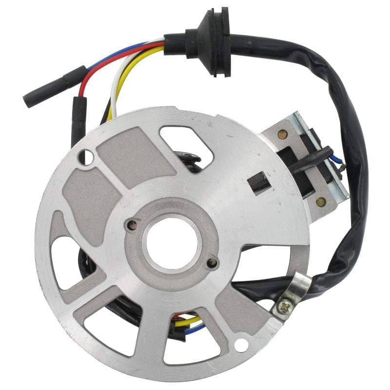 Lichtmaschine Stator 6 Spulen Pick-up außen AGM 50ccm 2Takt Motorroller.de D=79mm 5 Kabel 1x3 + 2x1 Pol Ankerplatte Zündplatte Zündgrundplatte 1E40QMB