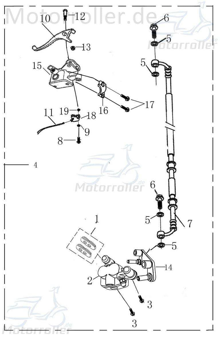 Rex Monza 50 Bremssattel vorne links Motorroller.de Bremszange 50ccm 4Takt 139QMB JSD50QT-13 50cc 4T 139QMA Brems-Sattel Brems-Zange
