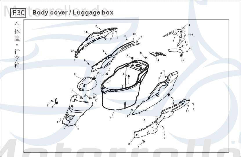 Baotian BT49QT-9 4T Abdeckung Heckverkleidung 50ccm 4Takt BT50QT-9-330002 Motorroller.de Kappe Deckel Schutz Platte Cover Blende Schutzhaube Scooter
