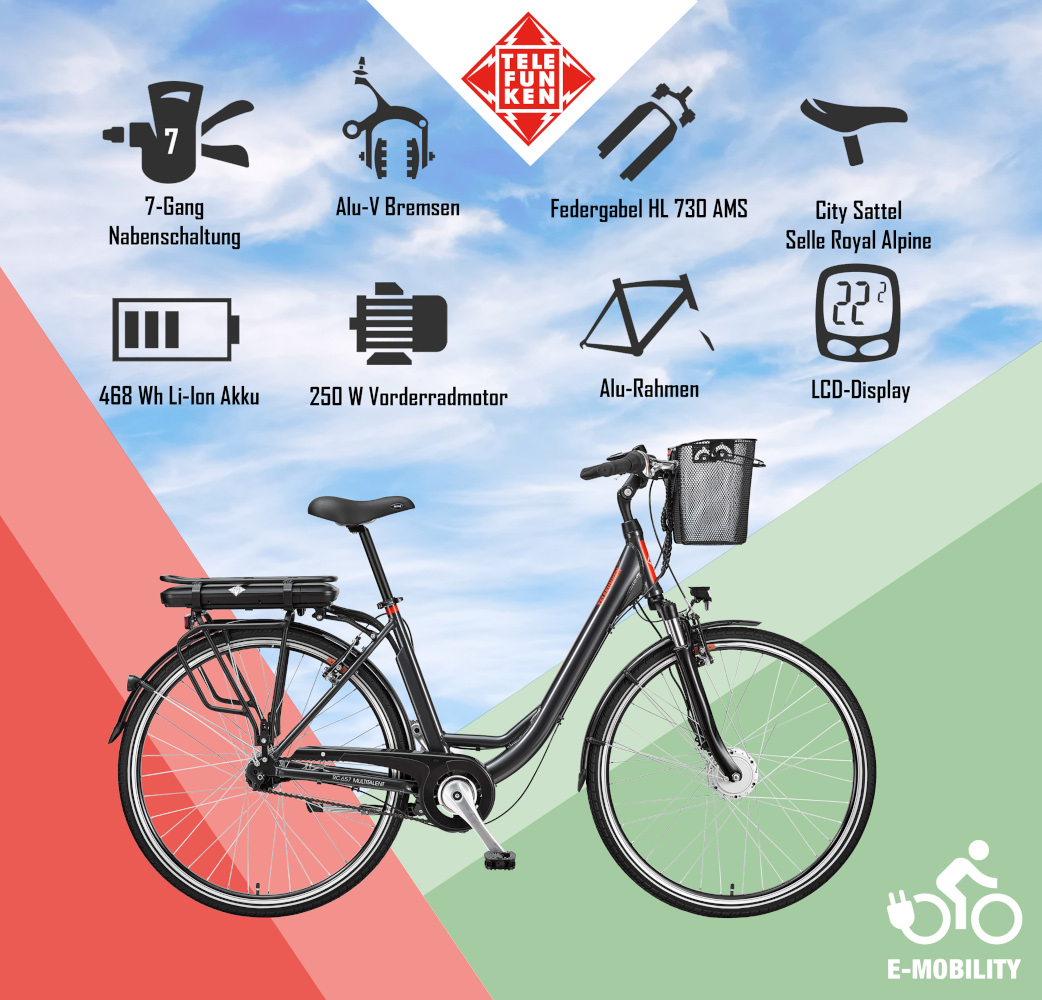 E-Bike Telefunken RC657 Multitalent Elektrofahrrad City-Pedelec anthrazit 28" RH 49cm E-Fahrrad Citybike