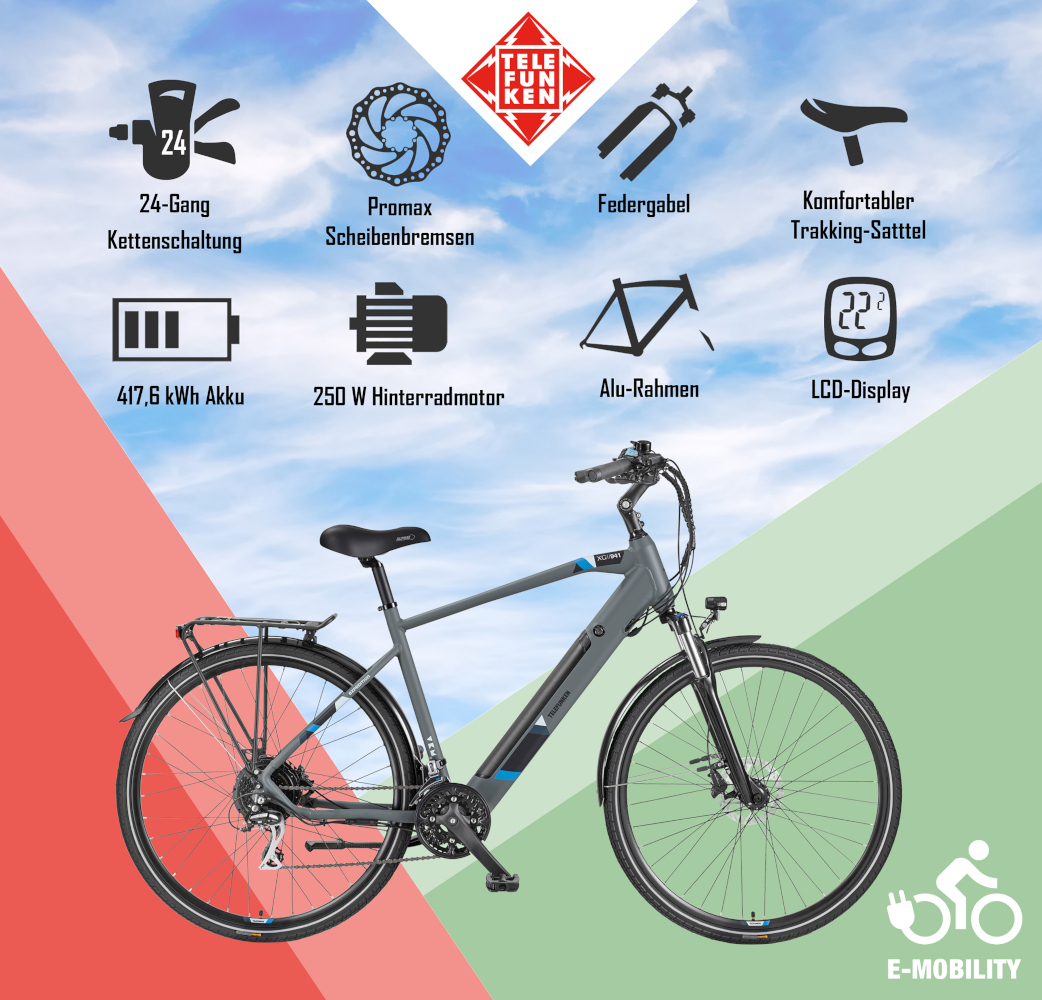 E-Bike Telefunken XC941 Expedition Elektrofahrrad Trekking-Pedelec granit 28" RH 50cm E-Fahrrad Trekkingrad Herrenrad