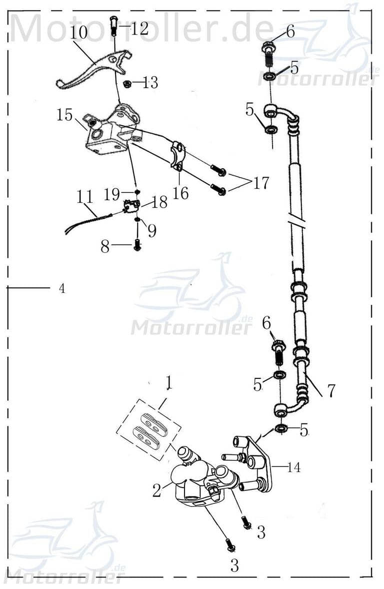 Rex CAPRIOLO 50 Bremsschlauch vorn ABS Bremsleitung Motorroller.de Hydraulikschlauch 50ccm 4Takt 139QMB JSD50QT-13 50cc 4T 139QMA Stahlflex
