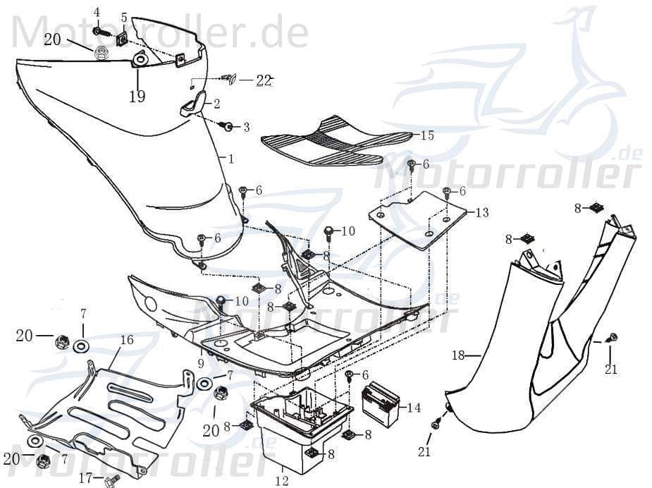 Rex RS400 Unterbodensspritzschut Unterbodenverkleidung Motorroller.de Unterbodenschutz 50ccm 4Takt 139QMB JSD50QT-13 50cc 4T 139QMA