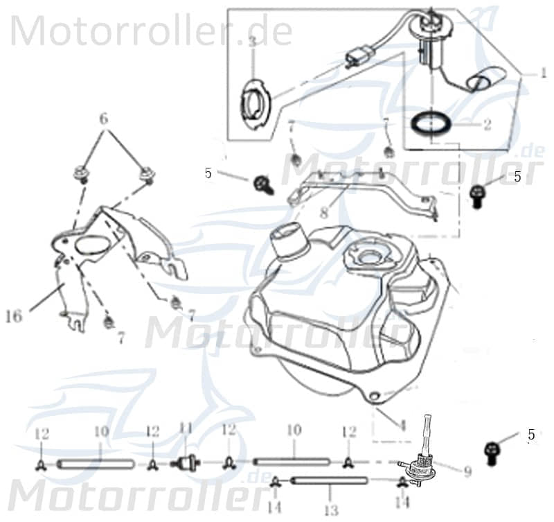 Benzinhahn Unterdruck 2 Anschlüsse 16x1.5mm 4T 125cc 1170305-1